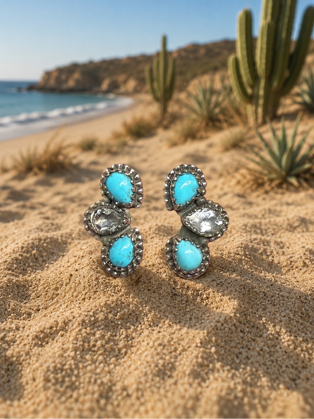 Turquoise & White Topaz Crawler Earrings 925 Silver Sterling Western